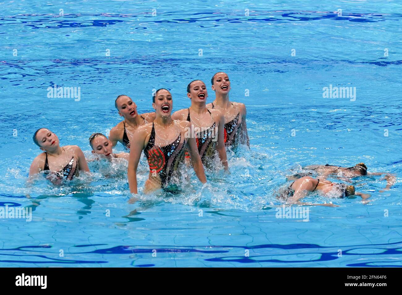 BUDAPEST, HUNGARY - MAY 14: Eden Blecher, Shelly Bobritsky, Maya Dorf, Noy Gazala, Catherine Kunin, Nikol Nahshonov, Ariel Nassee and Polina Prikazchikova of Israel competing in the Team Free Final during the LEN European Aquatics Championships Artistic Swimming at Duna Arena on May 14, 2021 in Budapest, Hungary (Photo by Andre Weening/Orange Pictures) Stock Photo