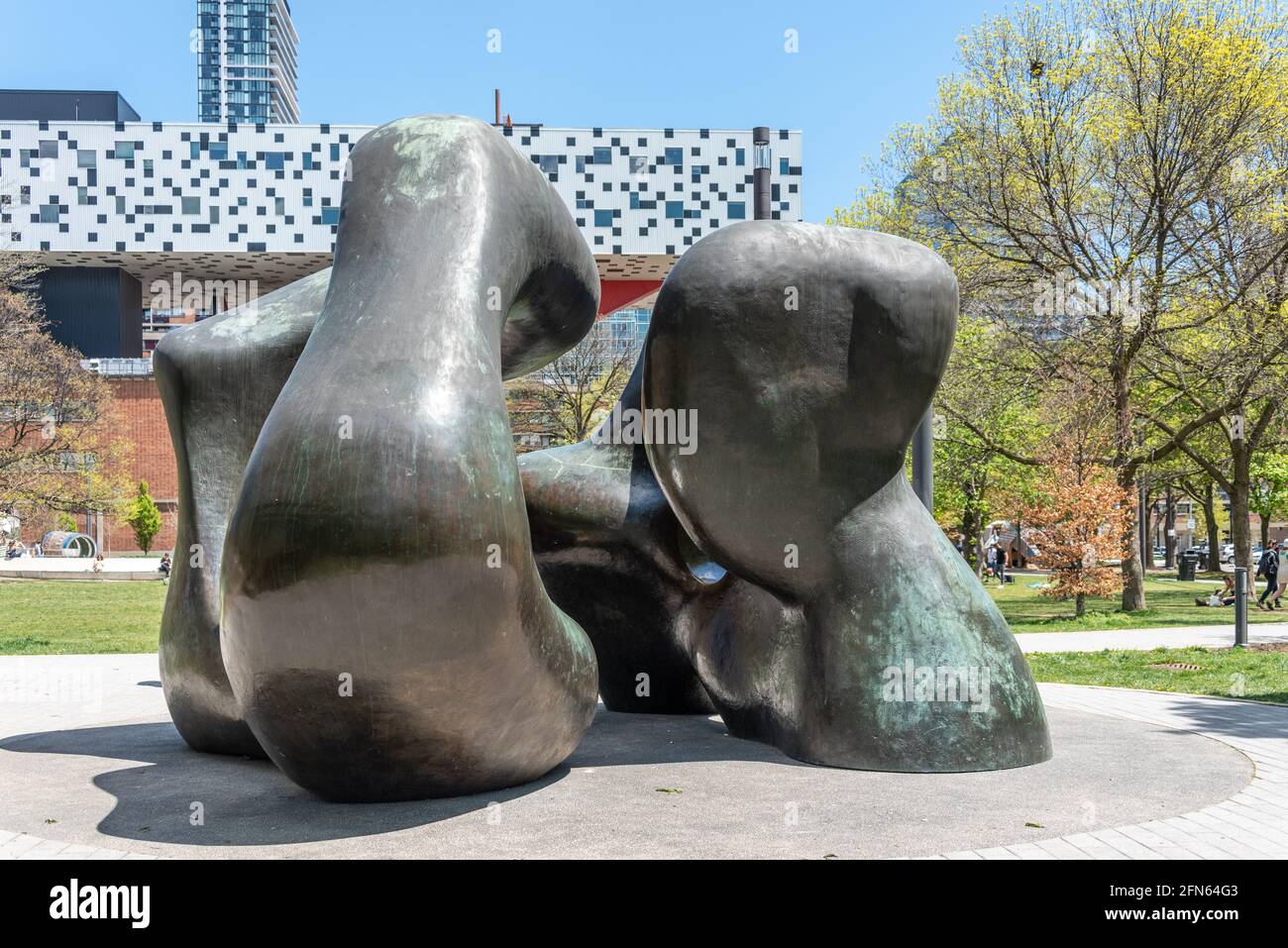 The sculpture named 'Large Two Forms' by Henry Moore. It is located in The Grange Park behind the Art Gallery of Ontario (AGO) in Toronto, Canada Stock Photo