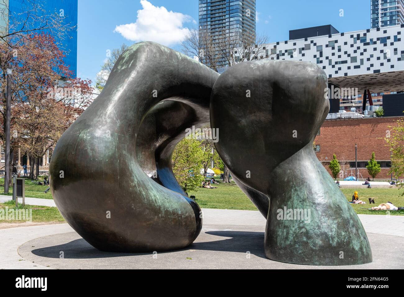 The sculpture named 'Large Two Forms' by Henry Moore. It is located in The Grange Park behind the Art Gallery of Ontario (AGO) in Toronto, Canada Stock Photo