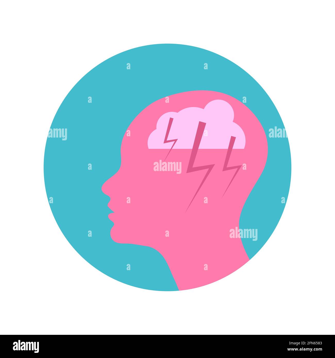 Pink silhouette of woman head with cloud and lightning, psychology and psychiatry sign. Depression, mental health weather concept. Vector flat Stock Vector