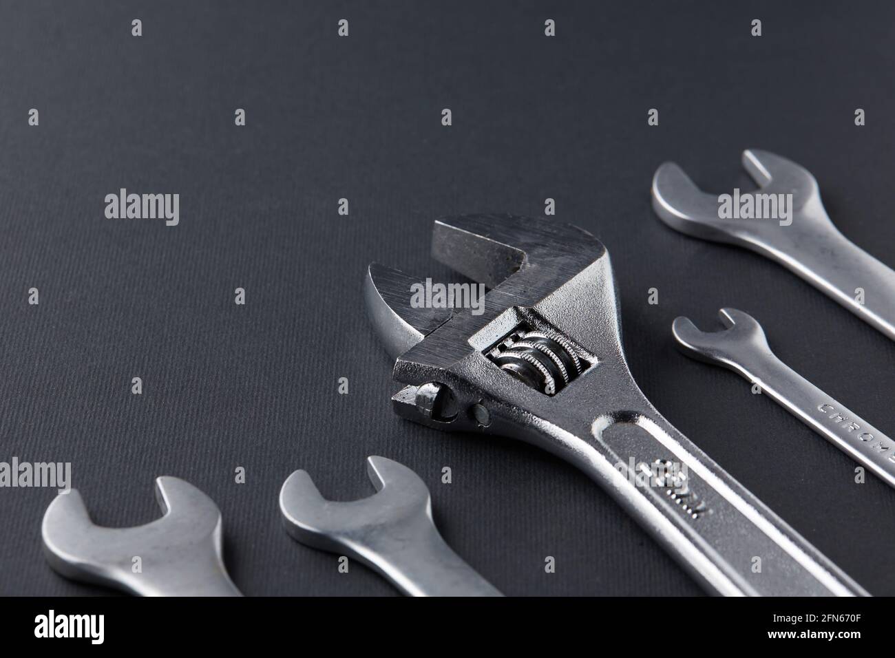 Set of wrench tool equipment. Spanners. Many wrenches. Industrial