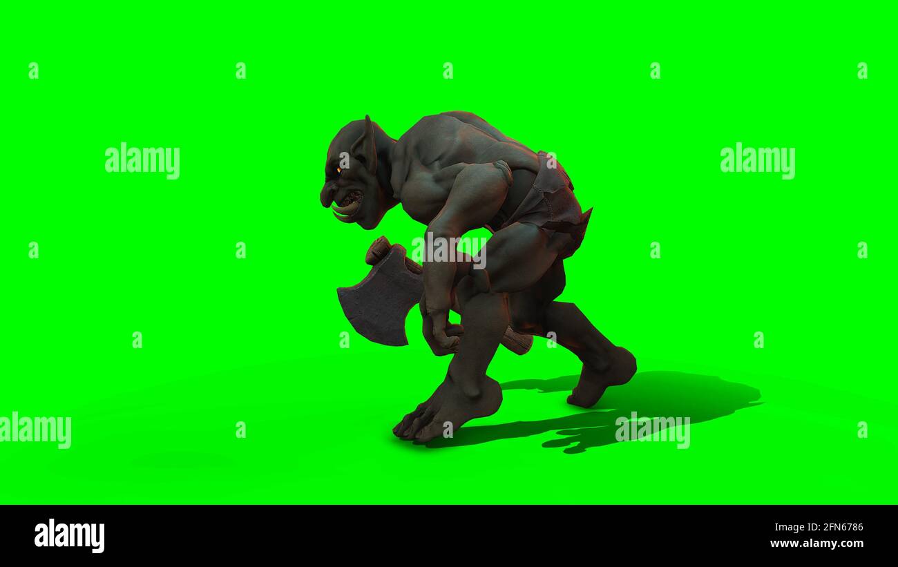 Fantasy character Troll Berserker in epic pose - 3D render on green background Stock Photo