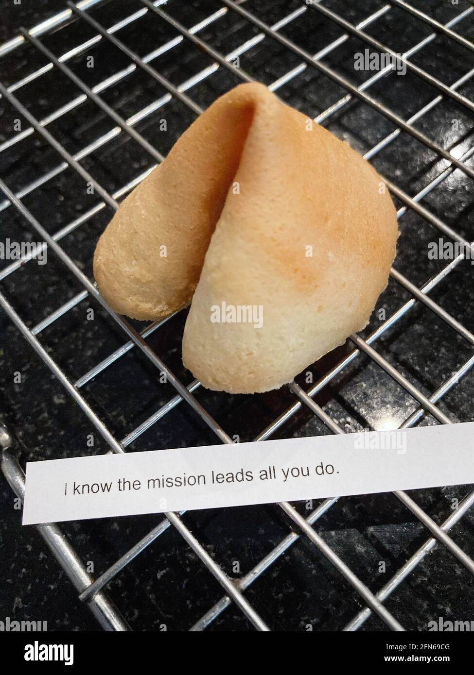 Homemade Fortune Cookie with Fortune Message on Cooling Rack Stock Photo
