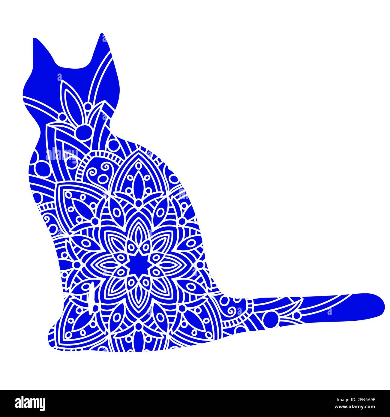 Doodle cat mandala in blue and white for page adult coloring books, animal vector pattern. Antistress design. Stock Vector