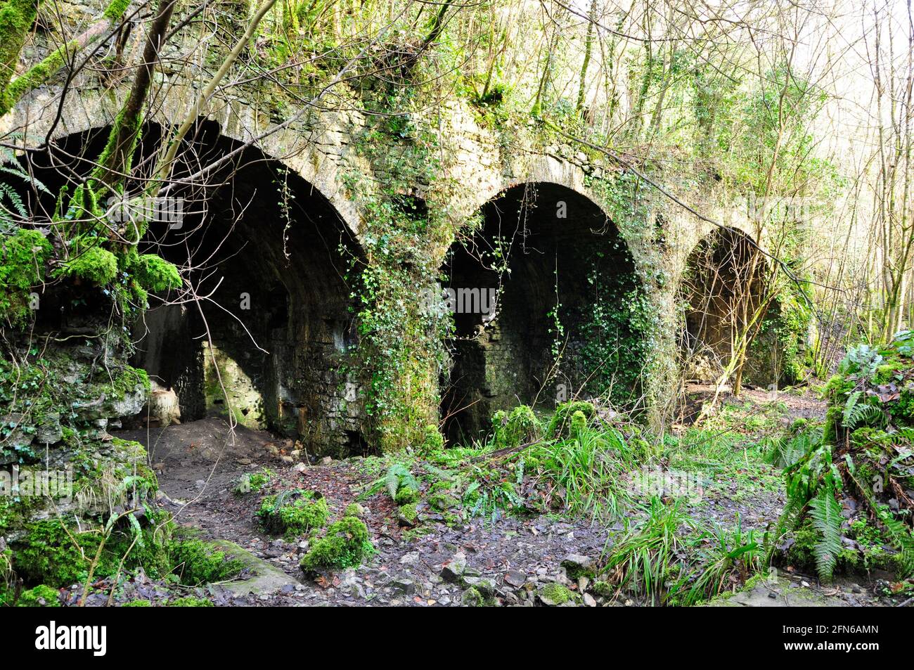 Triple arches which housed trip hammers at the Old Iron Works, Mells , Fussells' Lower Works.This is a biological Site of Special Scientific Interest, Stock Photo