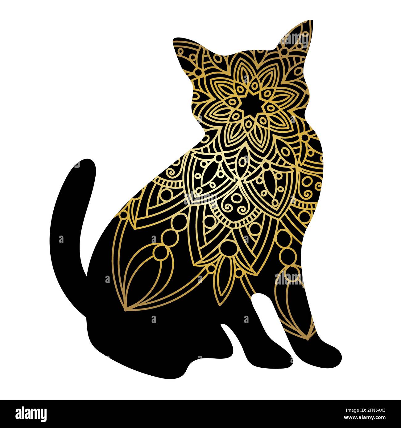 Doodle cat mandala in black and gold for page adult coloring books, animal vector concept. Antistress design. Stock Vector