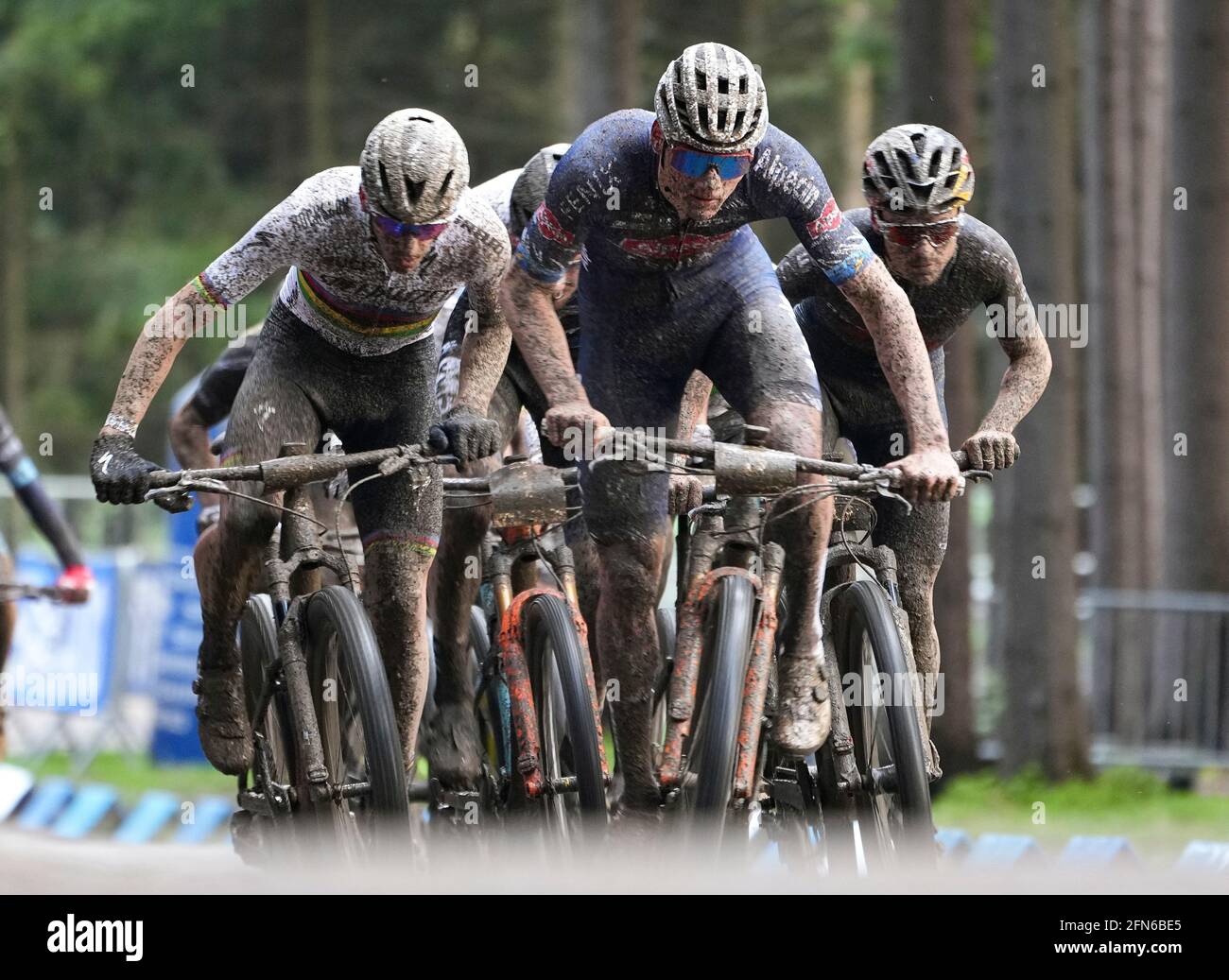 Nove Mesto na Morave, Czech Republic, May 14, 2021. (L-R) Jordan Sarou of  France, Mathieu Van der Poel of Netherlands and Thomas Pidcock of Britain  compete during the men's short track at