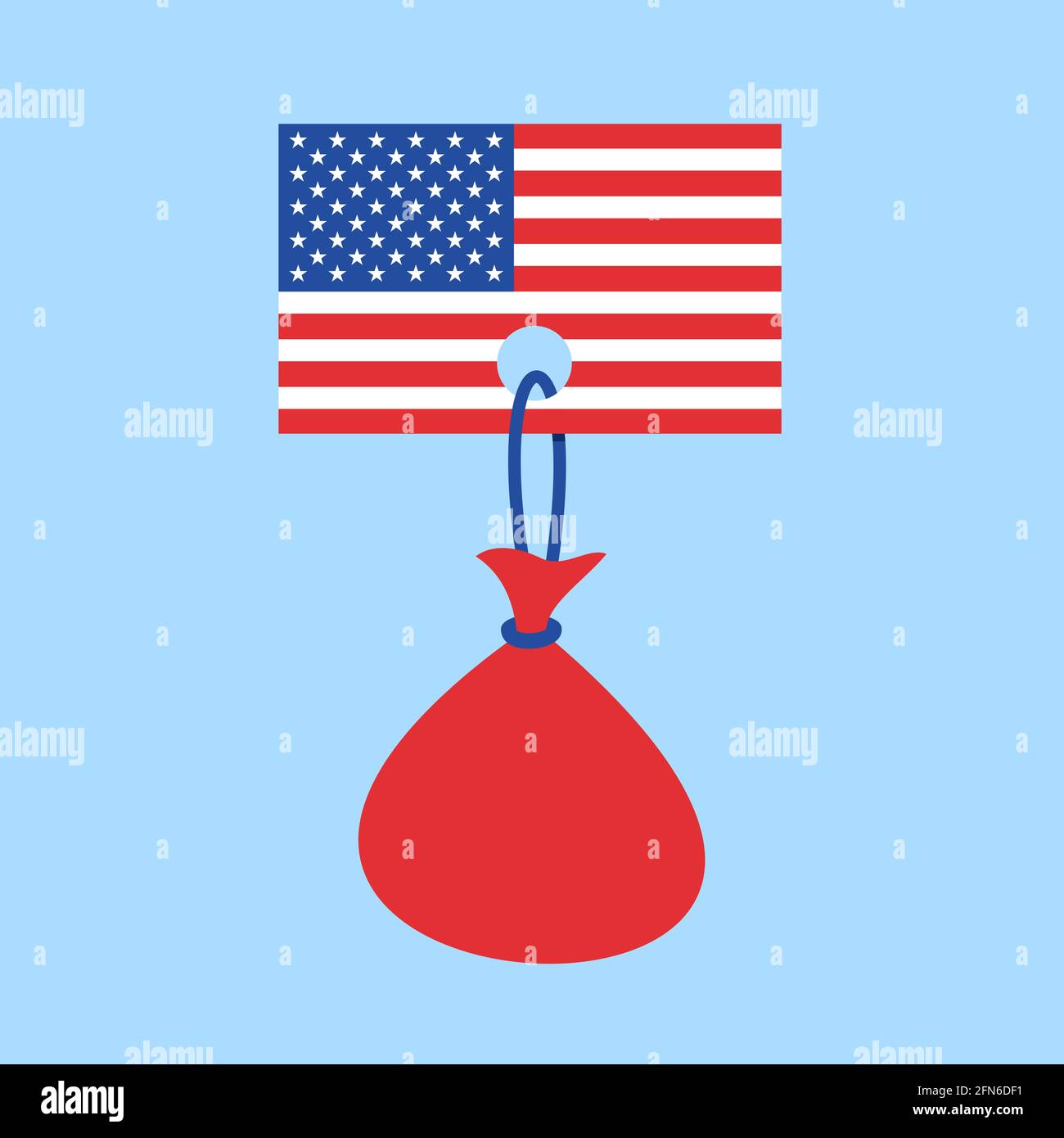 Flag of USA with heavy burden - metaphor of American state, country, nation and debt, being indebted, liability. Concept of Government debt, national Stock Photo