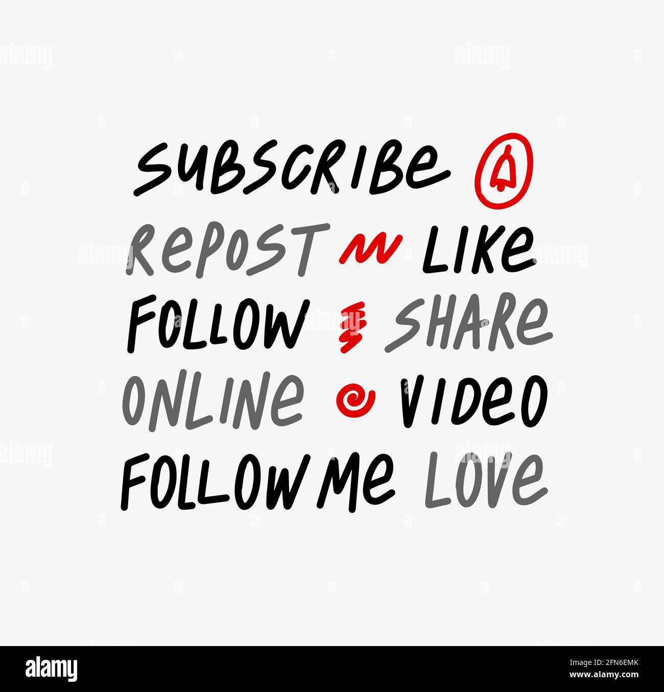 Like Share Repost Subscribe Follow doodle hand lettering stickers. quote subscribe to channel, blog. Social media background and blog posts. Marketing Stock Vector