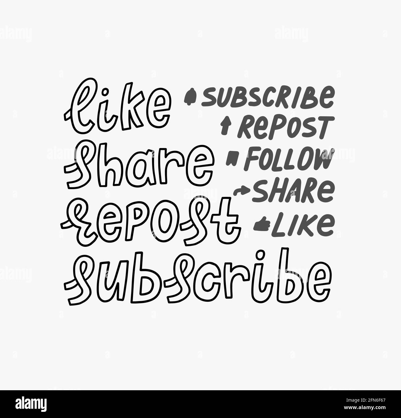 Like Share Repost Subscribe Follow doodle hand lettering stickers. quote subscribe to channel, blog. Social media background. Marketing. Vector Stock Vector