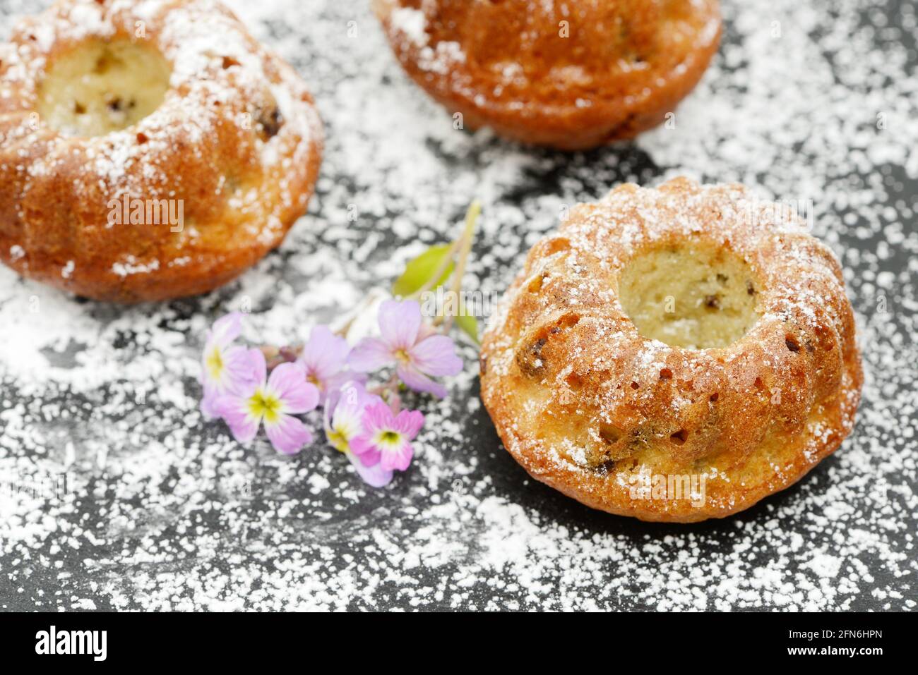 round cake with flower and powdered sugar on black plate Stock Photo