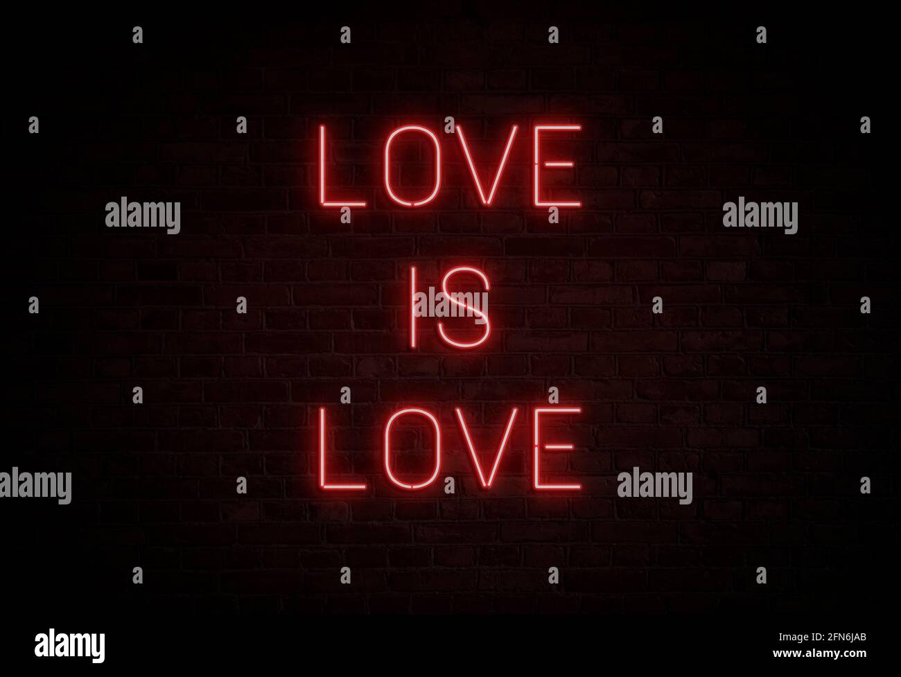 Illuminated and glowing 'LOVE IS LOVE' red neon sign on dark brick wall. Stock Photo