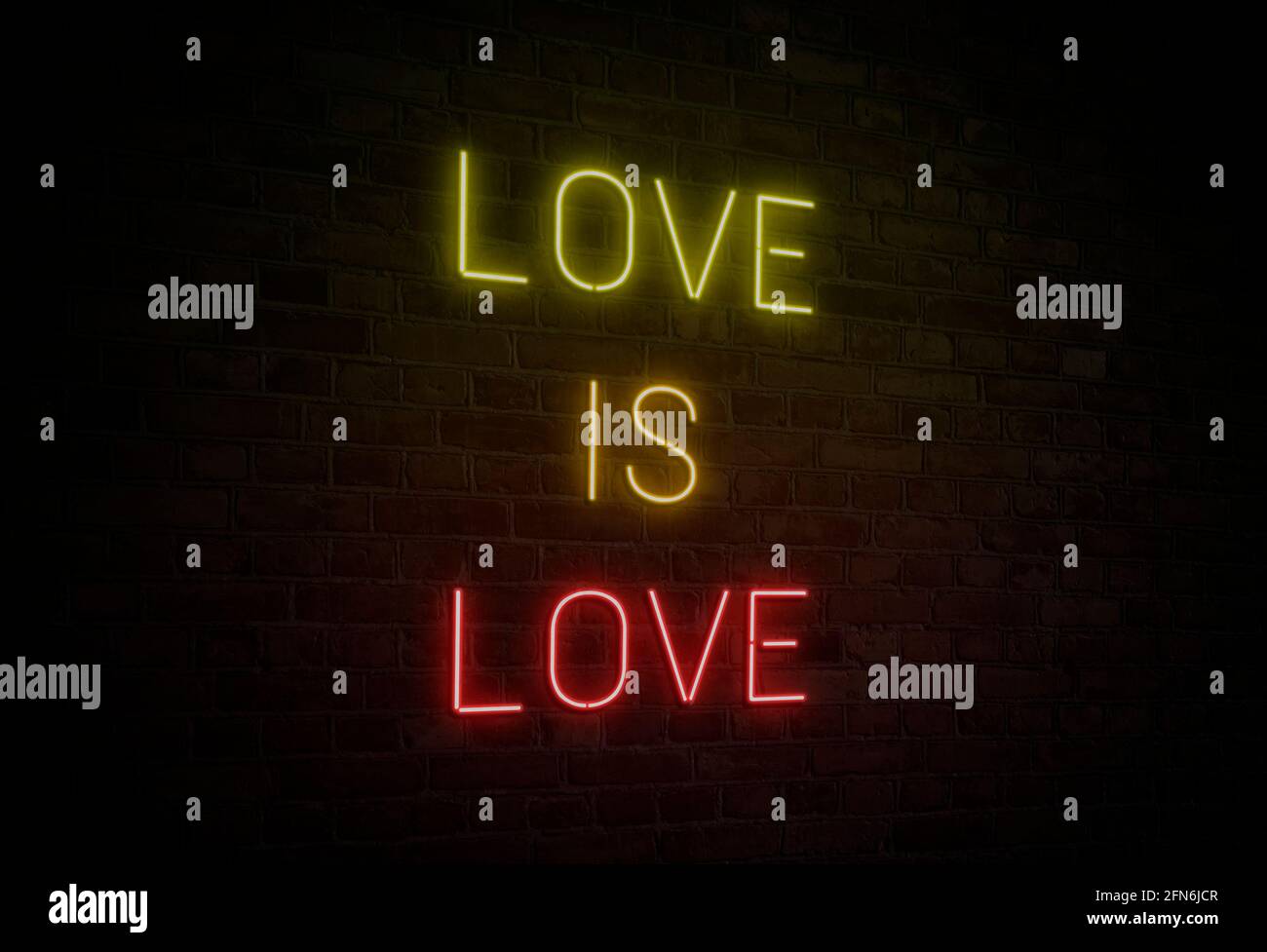 Illuminated and glowing 'LOVE IS LOVE' neon sign in yellow, orange and red colors on dark brick wall. Stock Photo