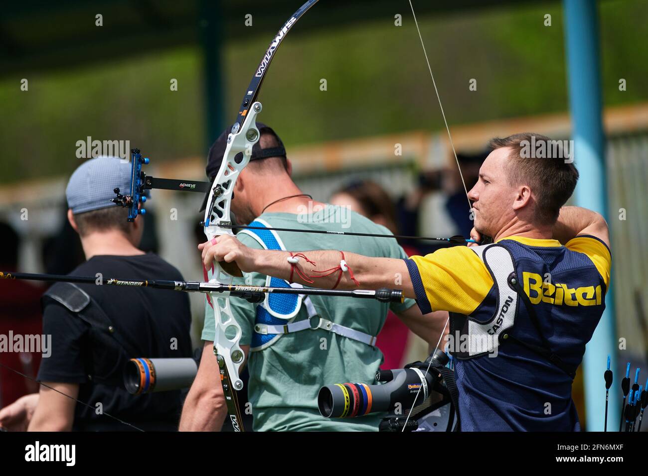 KHARKIV, UKRAINE - MAY 14, 2021: International archery competitions Cup of Kharkiv mayor. Stock Photo