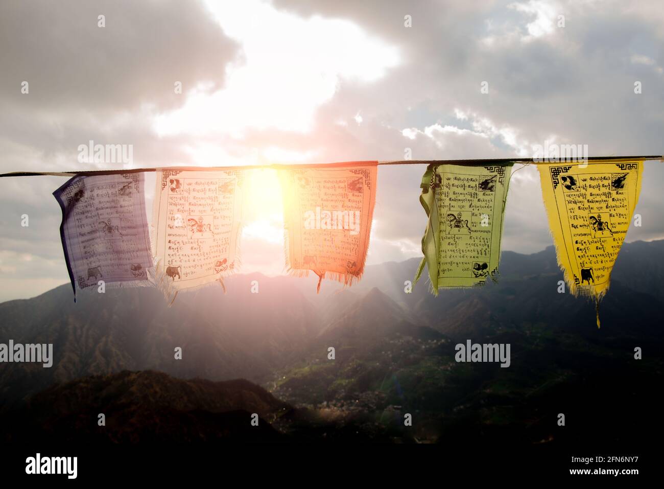 San Pellegrino Terme Bergamo Italy 3 April 2021: Colored flags with printed prayers of good luck Stock Photo
