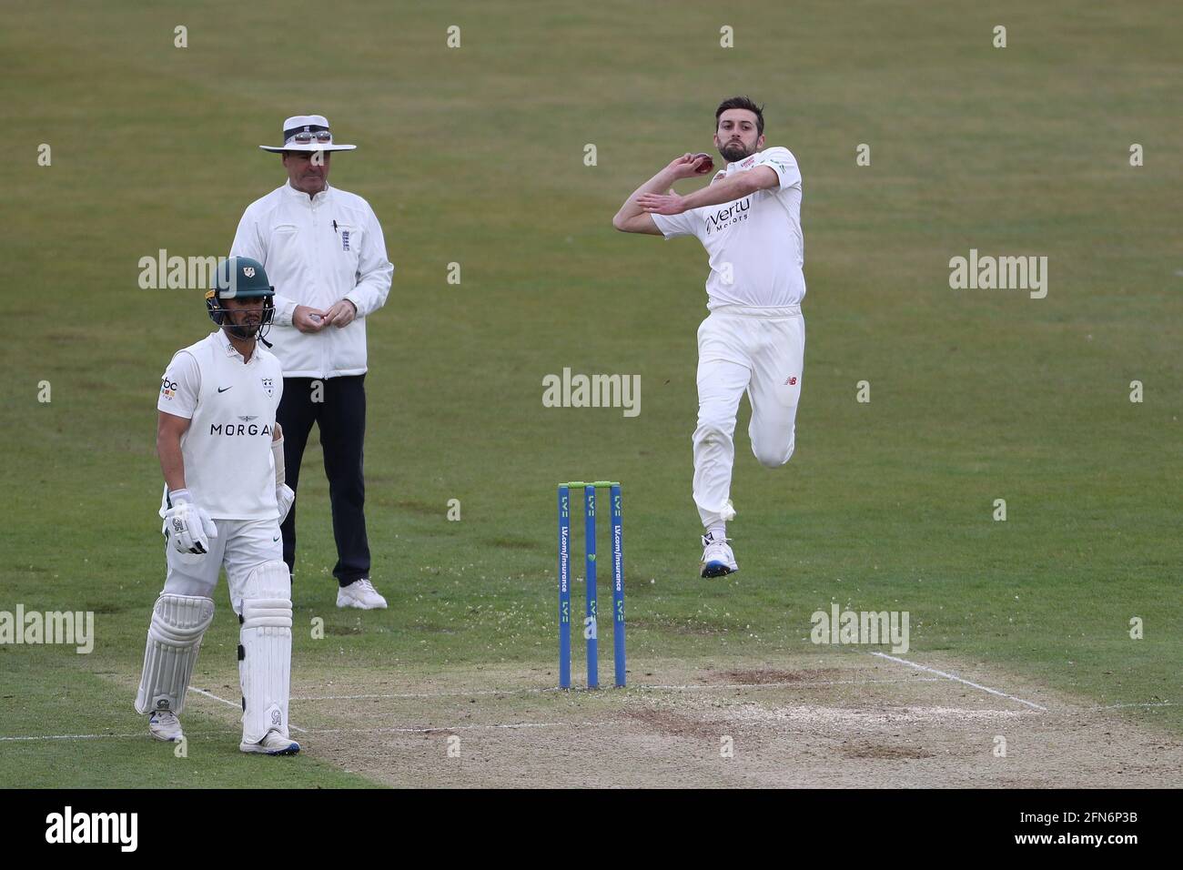 CHESTER LE STREET, UK. MAY 14TH  Durham's Mark Wood bowling during the LV= County Championship match between Durham County Cricket Club and Worcestershire at Emirates Riverside, Chester le Street on Friday 14th May 2021. (Credit: Mark Fletcher | MI News) Stock Photo