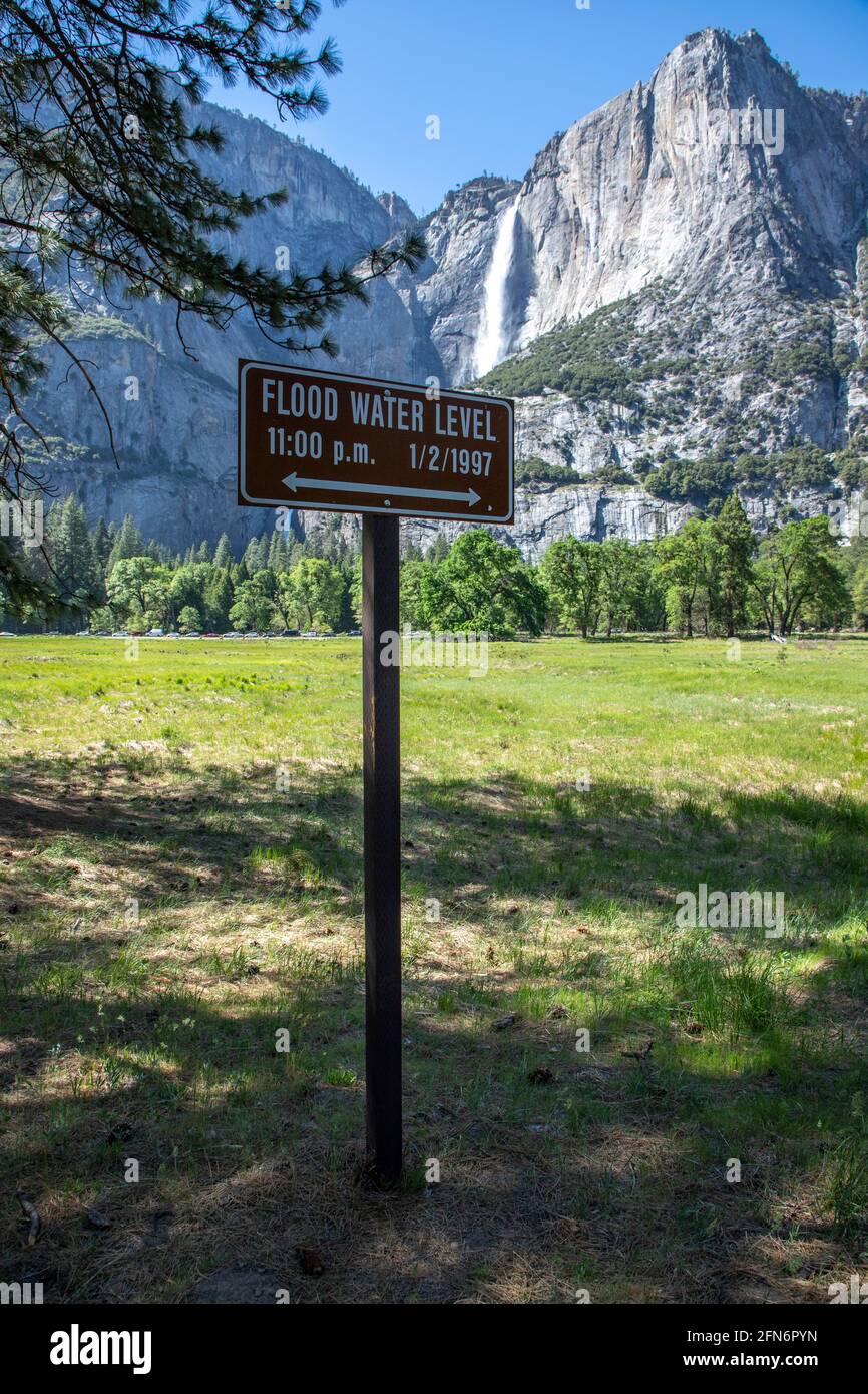 The 1997 flood marker in Yosemite Valley in Yosemite National Park