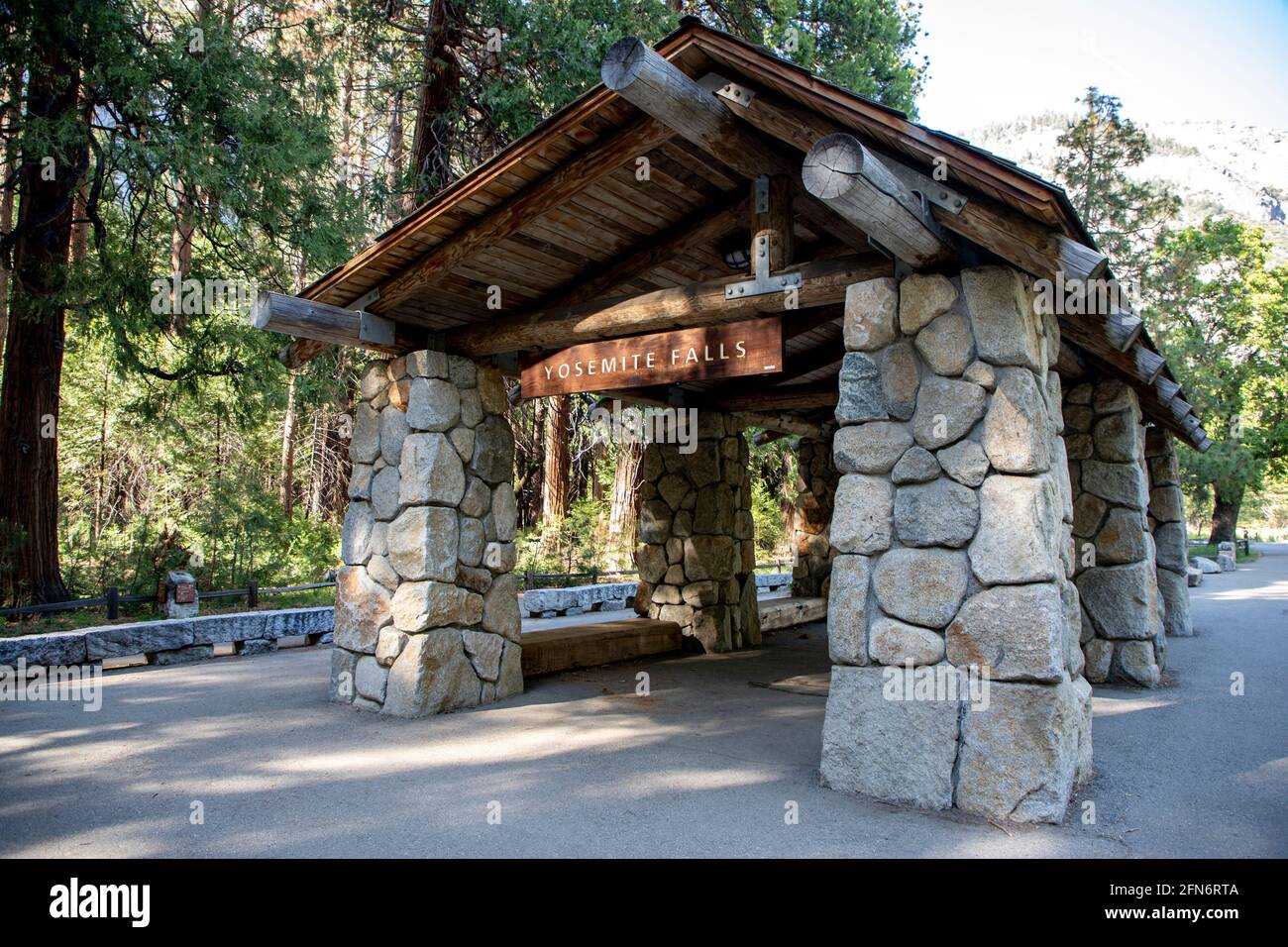 The shuttle stop at Yosemite Falls in Yosemite National Park, California. Stock Photo