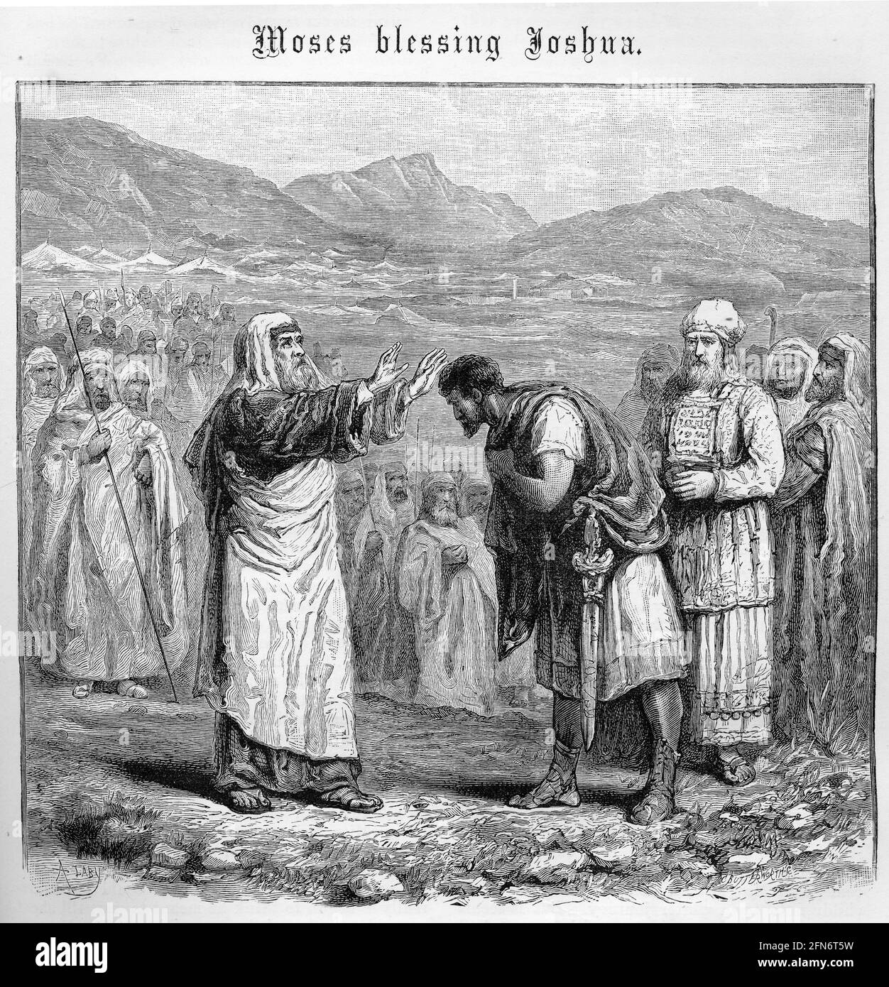 Engraving of Moses blessing Joshua before he dies Stock Photo