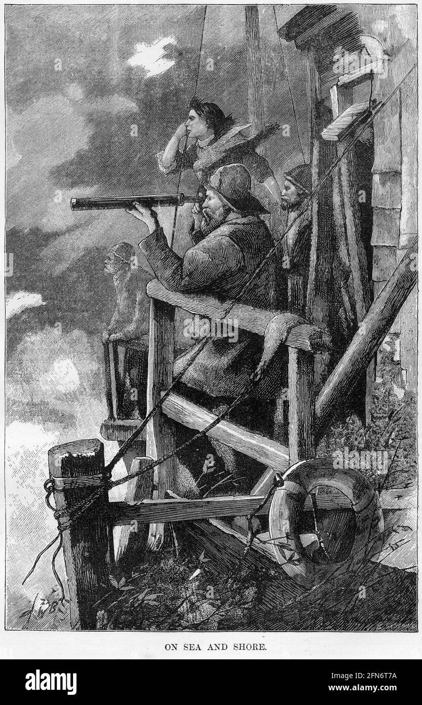 Engraving of rescuers keeping a lookout for ships in distress near the coastline of England, circa 1880 Stock Photo