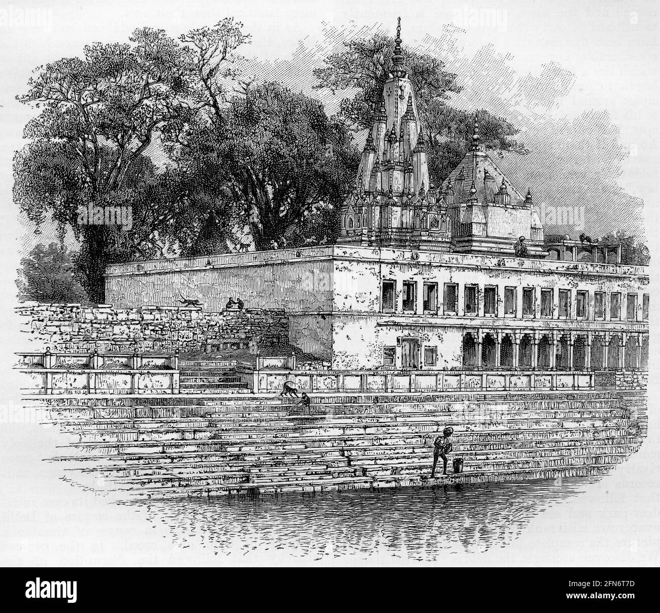 Engraving of the Monkeys' temple, Benares, India, circa 1890 . Also known as Varanasi, the city on the banks of the Ganges in Uttar Pradesh, is a major religious hub in India, as it is the holiest of the seven sacred cities (Sapta Puri) in Hinduism and Jainism. Stock Photo