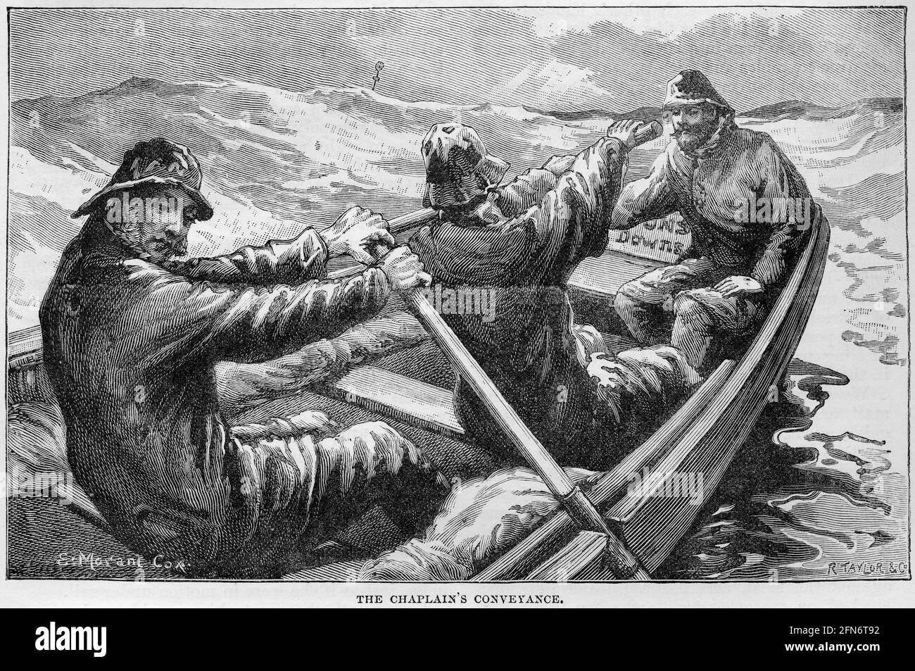 Engraving of three men in wet weather gear rowing a longboat out to a ship off the coast of England, as part of the mission to seamen, circa 1890 Stock Photo