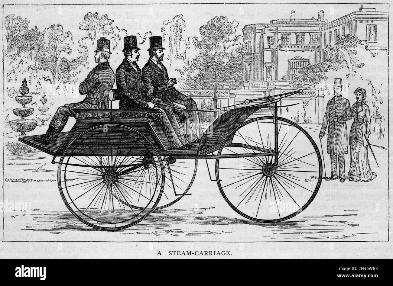 Engraving of a Victorian Steam carriage, circa 1880 Stock Photo
