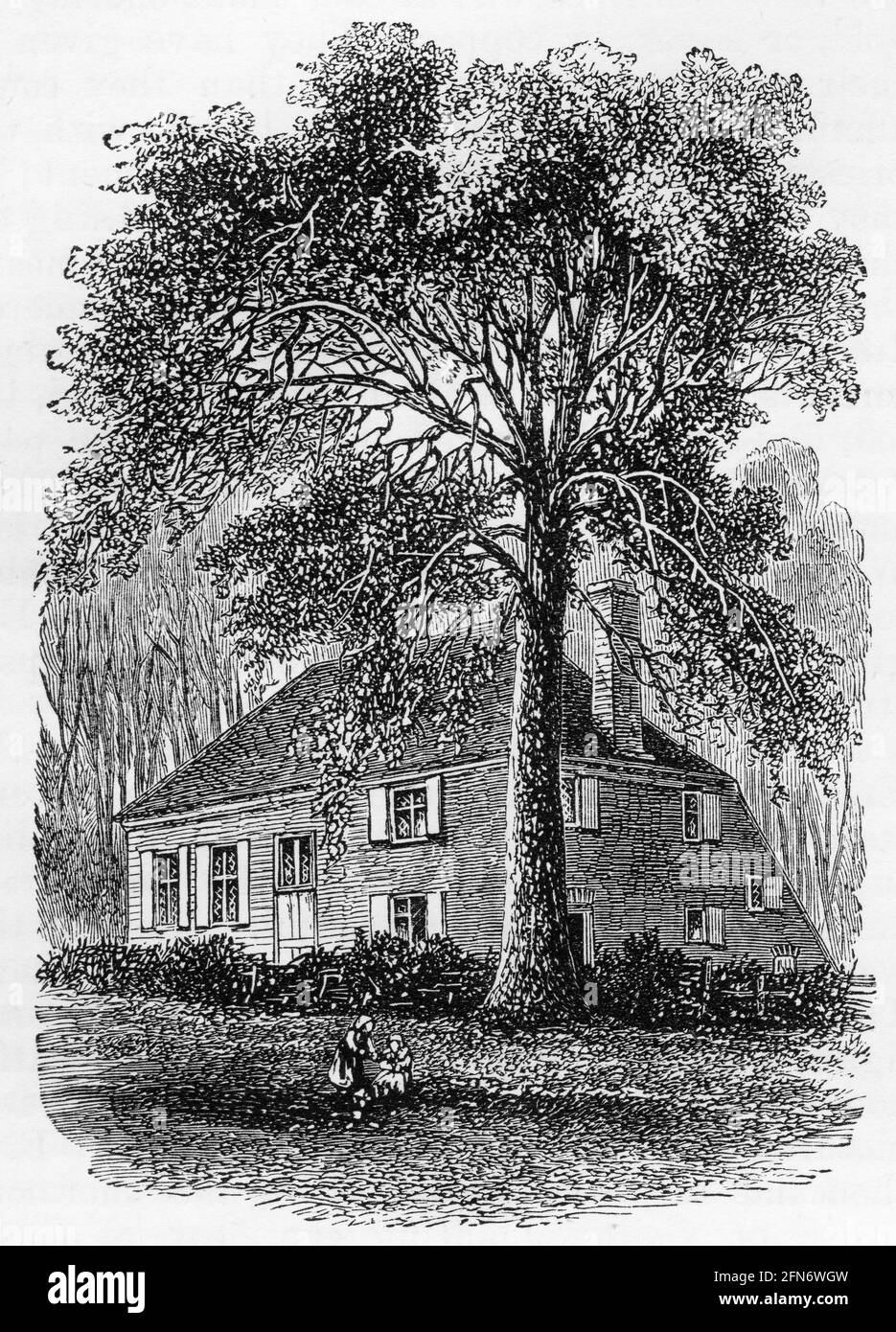Engraving of William Penn's meeting house at Jordans, Buckinghamshire, circa. 1880 Stock Photo