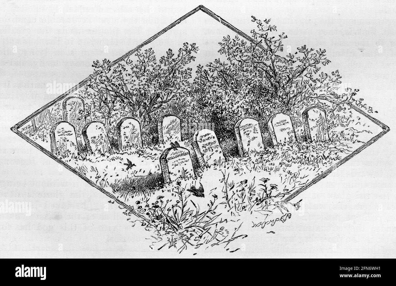 Engraving of William Penn's grave at Jordans, Buckinghamshire, circa. 1880 Stock Photo