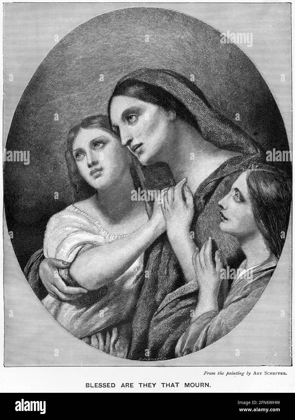 Engraved portrait of a mature woman and two younger women in mourning, circa 1890 Stock Photo