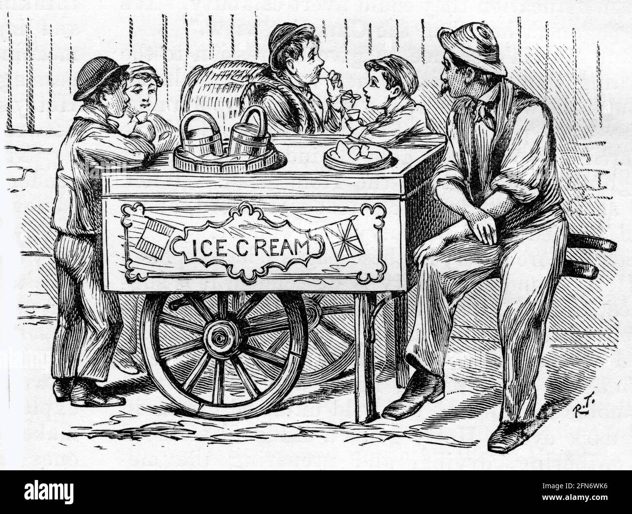 Engraving of boys enjoying an icecream on the streets of Victorian London from an Italian
