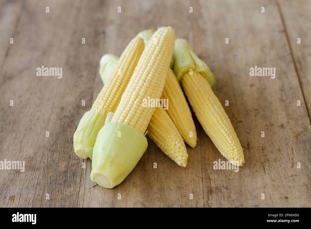 Fresh Baby corn on wooden background Stock Photo