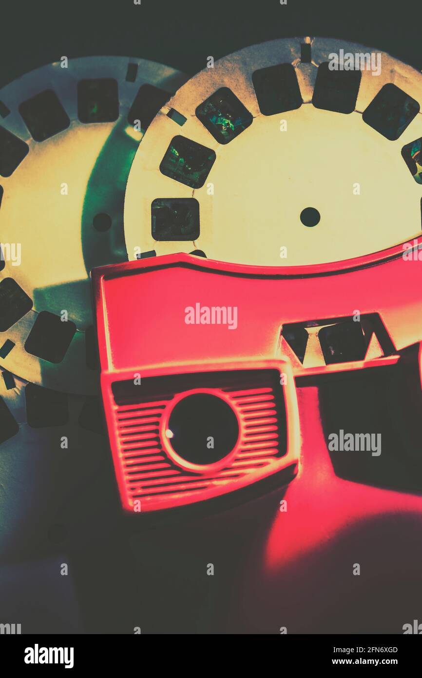 Old fashioned photo on antique picture viewer binoculars playing back slideshows from a stereographic past. Master view of yesteryear Stock Photo