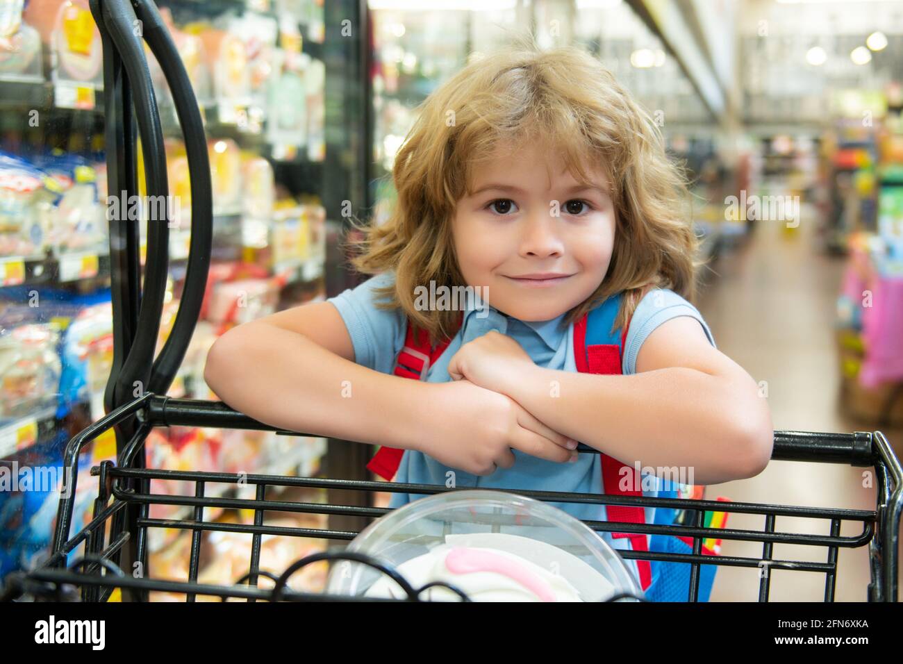 Kid with shopping cart in a grocery store Stock Photo Alamy