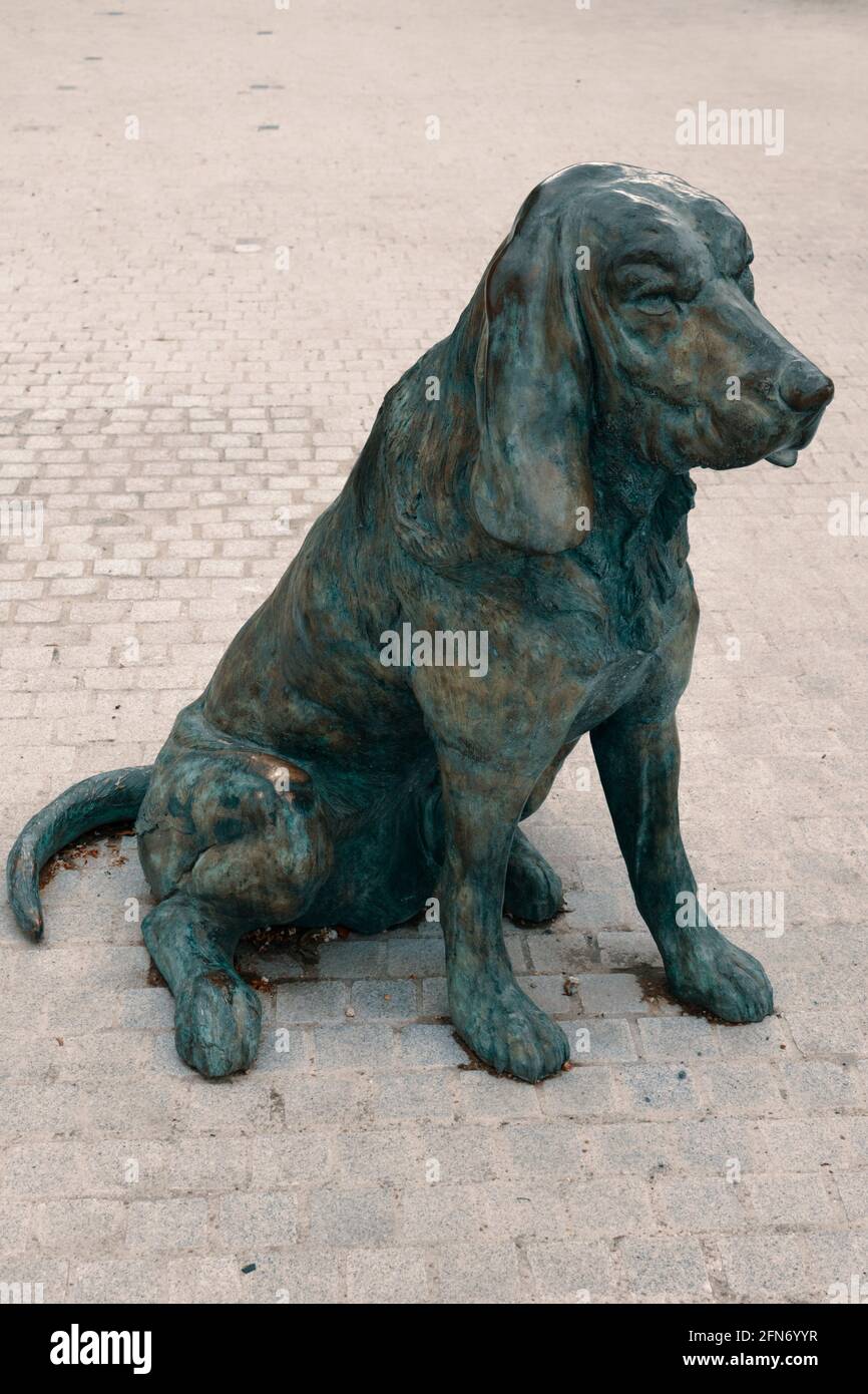 Sculpture of a dog at Mantes-la-Jolie (dogs are a symbol of the city) by Bernadette Kanter, Yvelines, Ile-de-France, France Stock Photo