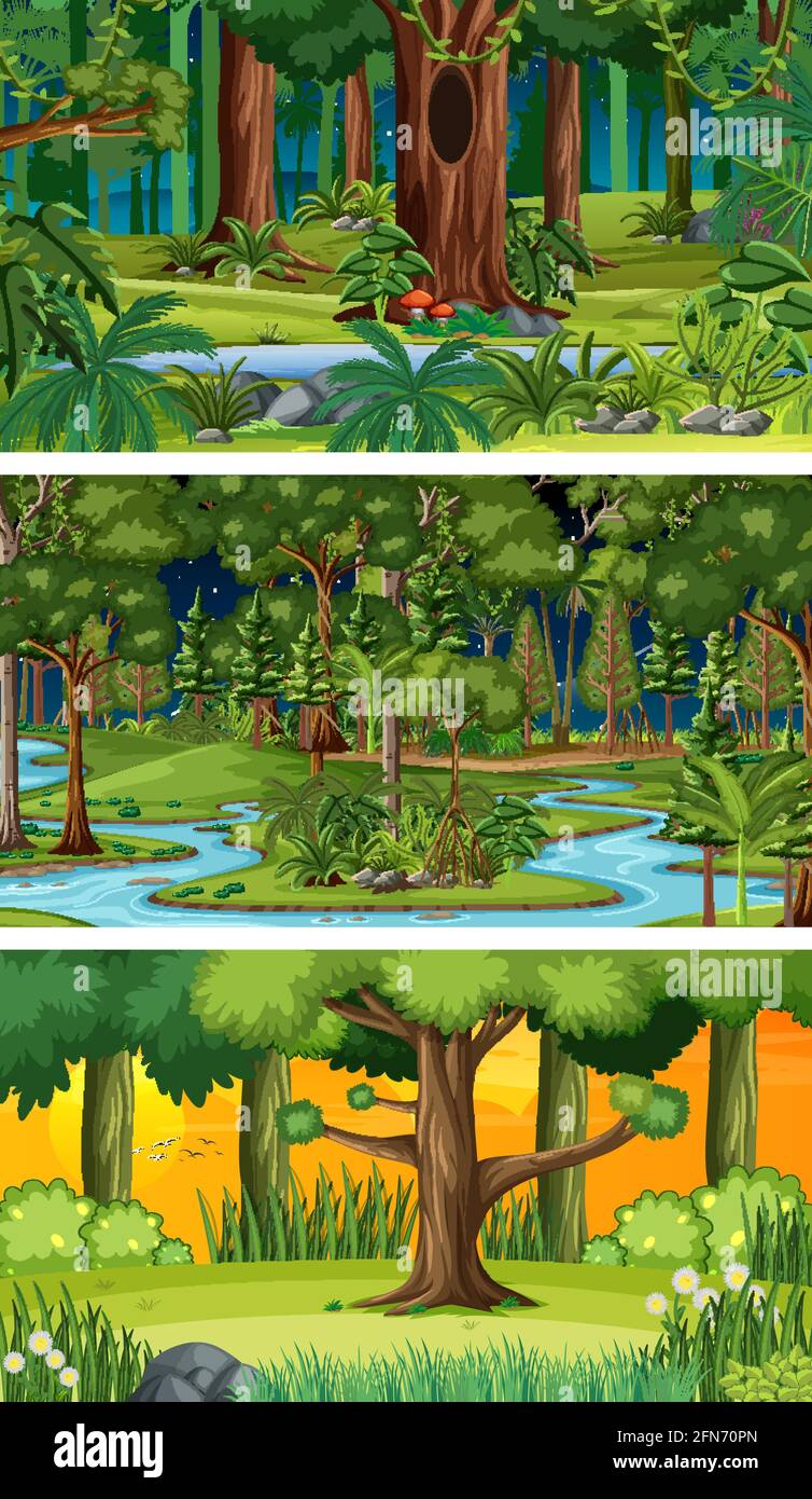 Three different nature horizontal scenes illustration Stock Vector