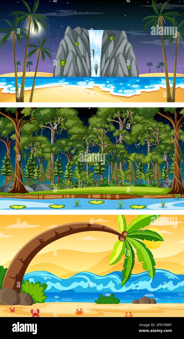 Three different nature horizontal scenes illustration Stock Vector