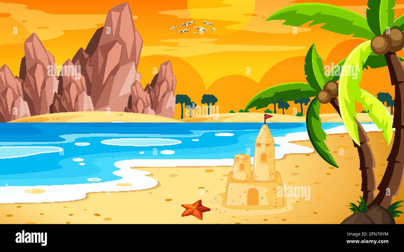 Tropical beach landscape at sunset time scene illustration Stock Vector ...