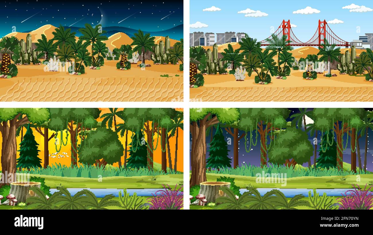 Four different nature horizontal scenes illustration Stock Vector