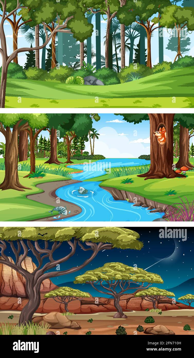 Three different nature horizontal scenes illustration Stock Vector