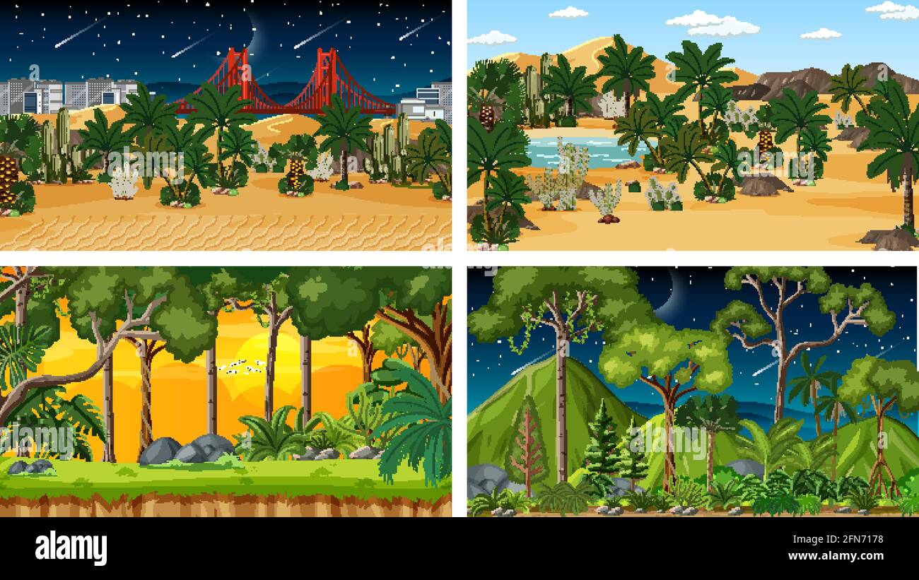 Four different nature horizontal scenes illustration Stock Vector