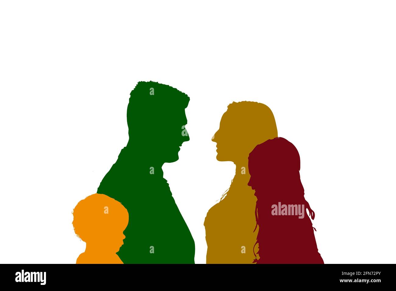 Silhouettes of family members. Parents and children. Caring, nurturing, upbringing of children. Peace. Love. Stock Photo