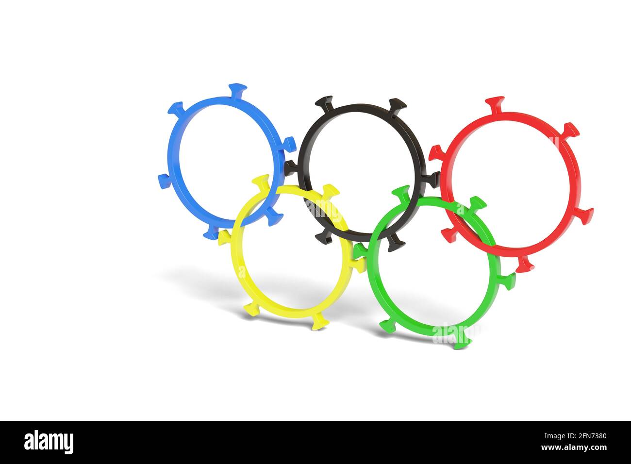 Olympic rings shaped like a coronavirus isolated on white background. Tokyo 2020. 3d Illustration. Stock Photo