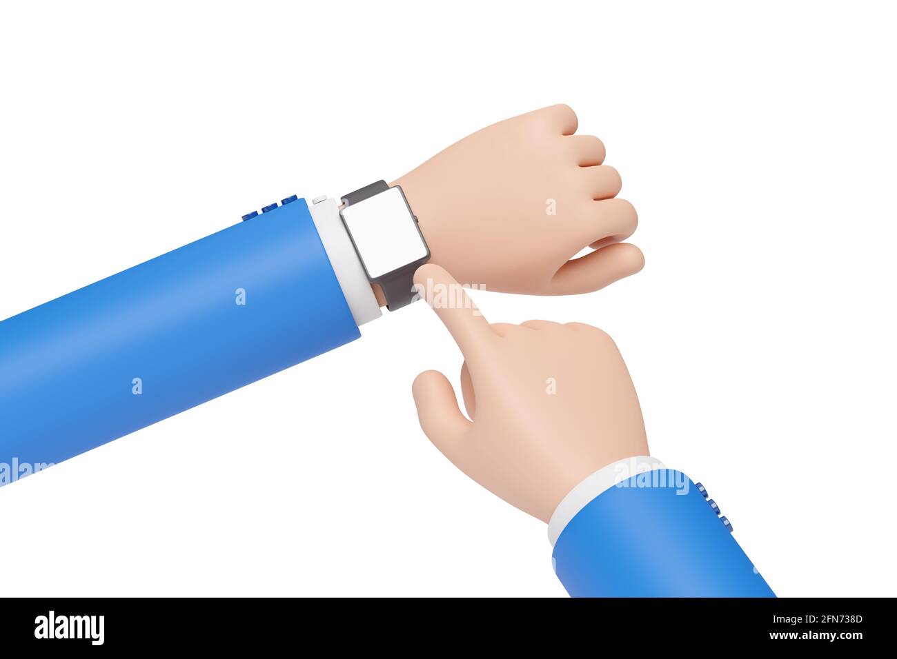 Cartoon hands wearing a wristwatch isolated in white background. 3d illustration. Stock Photo