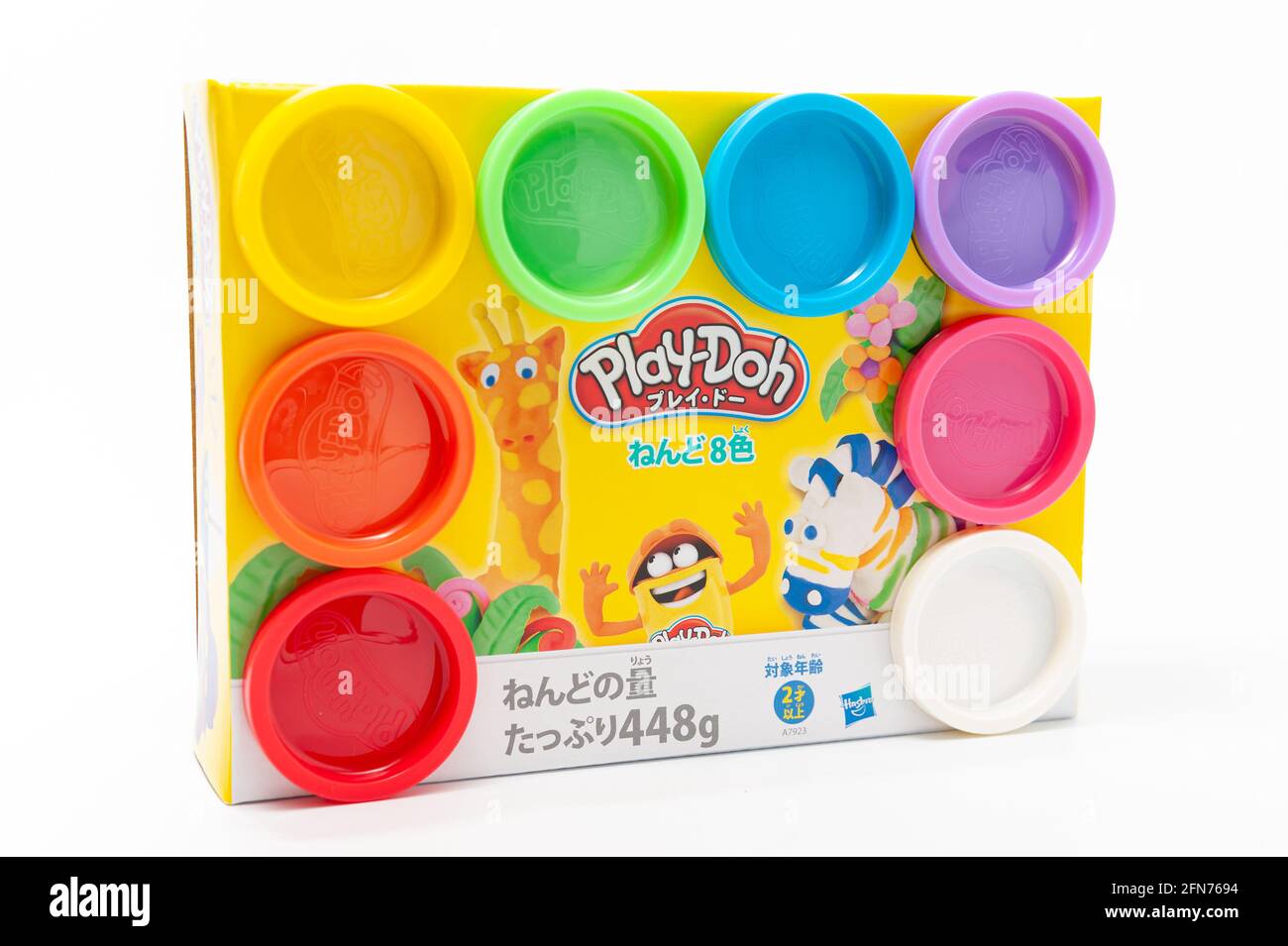 Fuji City, Shizuoka-Ken, Japan - April 29, 2021: Box with 8 colors of Play-Doh modeling clay by Hasbro. Isolated on white background. Stock Photo