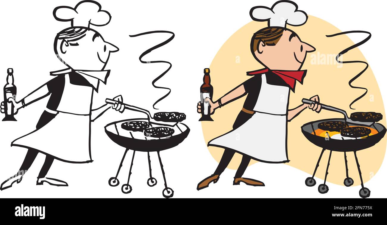 A retro cartoon of a man in a chef hat and arron barbecuing hamburgers on a grill. Stock Vector