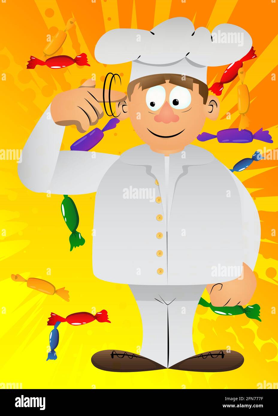 Fat male cartoon chef in uniform shows a you're nuts gesture by twisting his finger around his temple. Vector illustration. Stock Vector