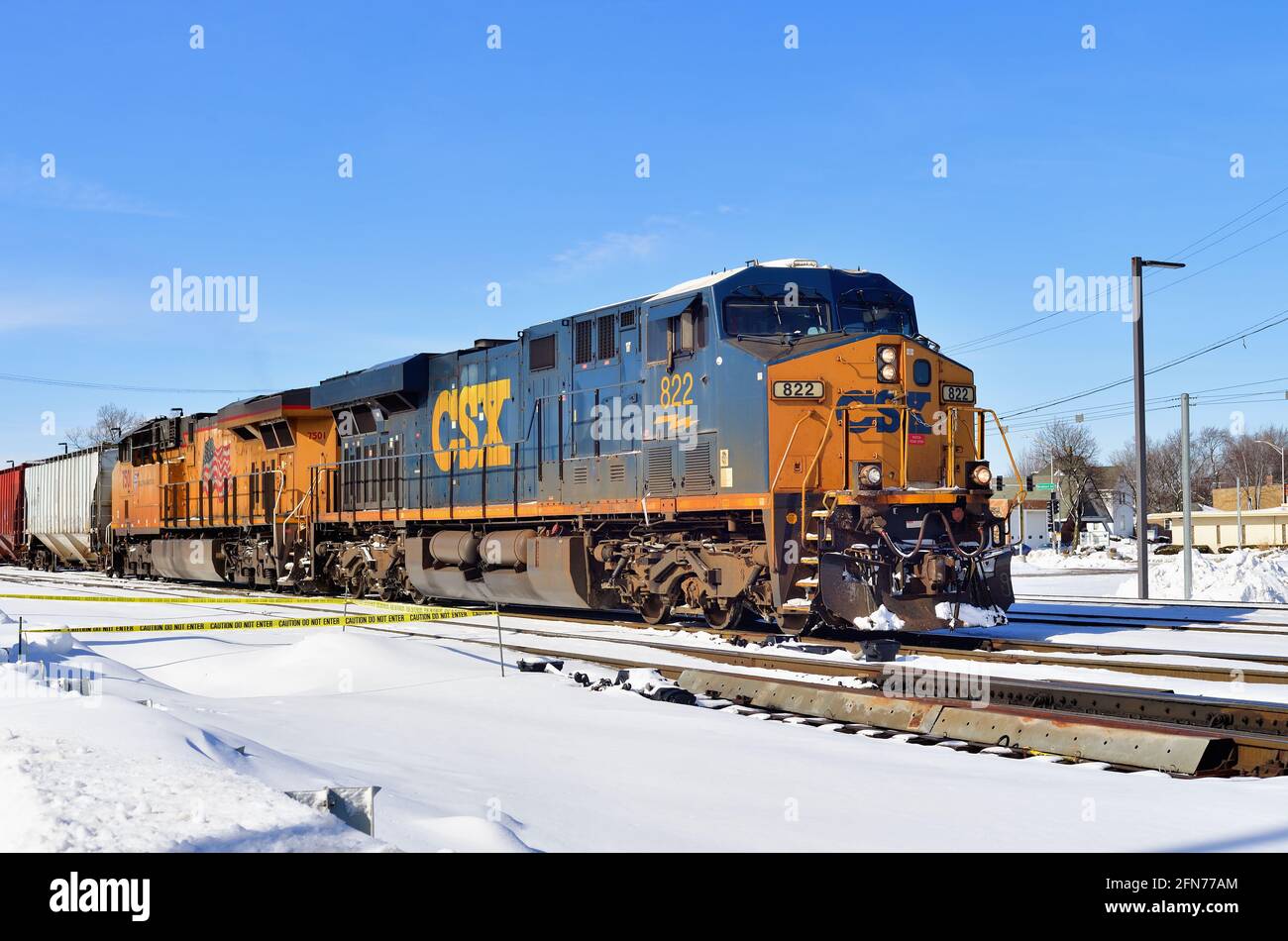 Franklin Park, Illinois, USA. A pair of mixed road locomotives lead a freight train after leaving the Canadian Pacific Railway's Bensenville Yard. Stock Photo