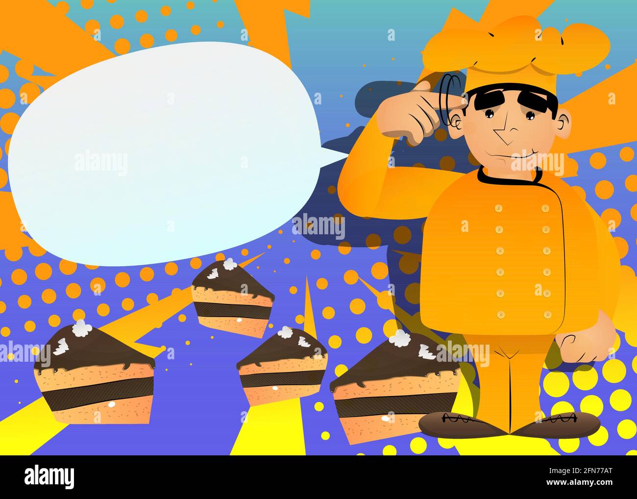 Fat male cartoon chef in uniform shows a you're nuts gesture by twisting his finger around his temple. Vector illustration. Stock Vector