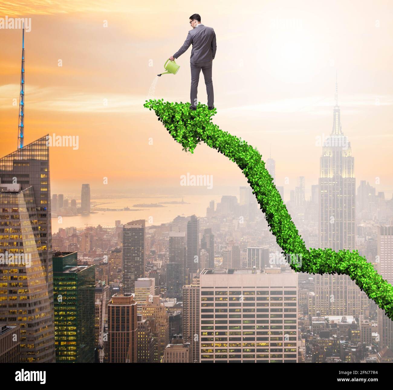 The businessman in investment concept watering financial line chart